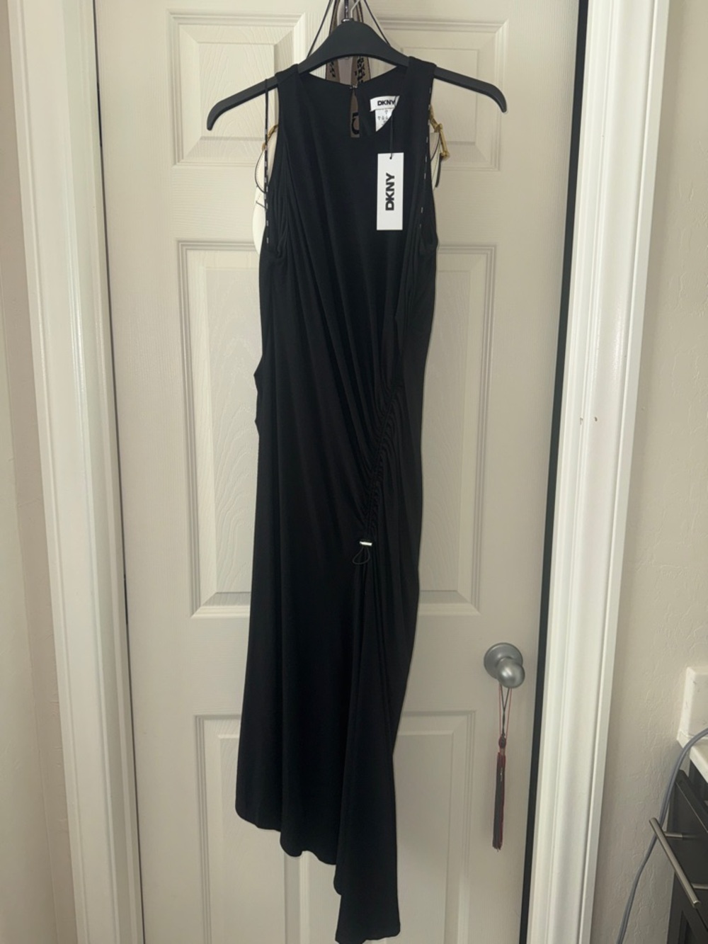 DKNY Black Sleeveless Ruched Midi Dress